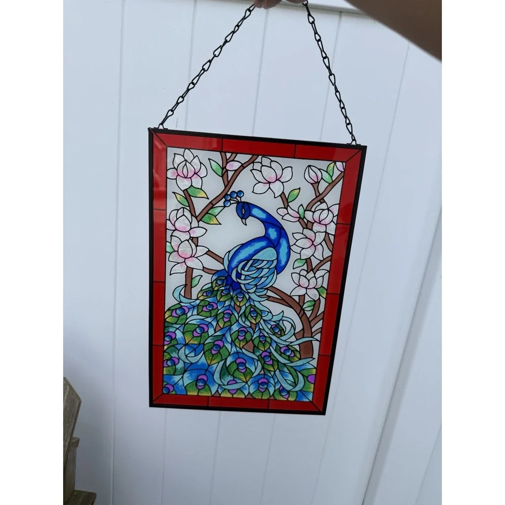 Peacock‎ Tiffany Style Stained Glass Window Panel Hangings with Chain NIB 15x10